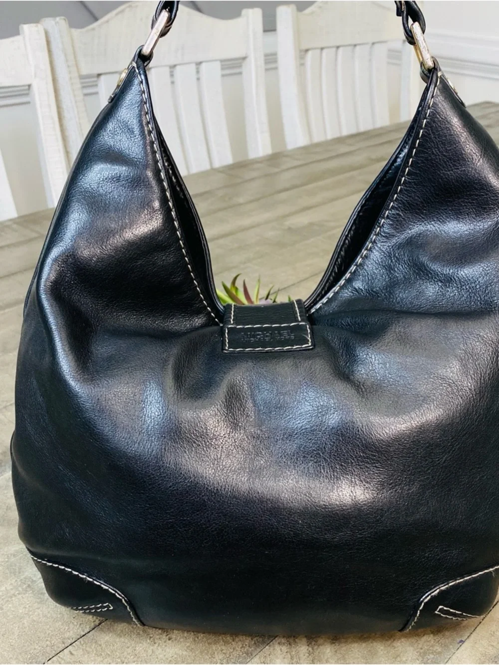 Michael Kors Black Leather  Hobo Shoulder Handbag Good Silver Hardware - Picture 7 of 12